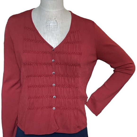 J.Jill V-Neck Texture/Smock-Front Button Front Cardigan Top Rust Red Sz S #229K - Picture 2 of 9